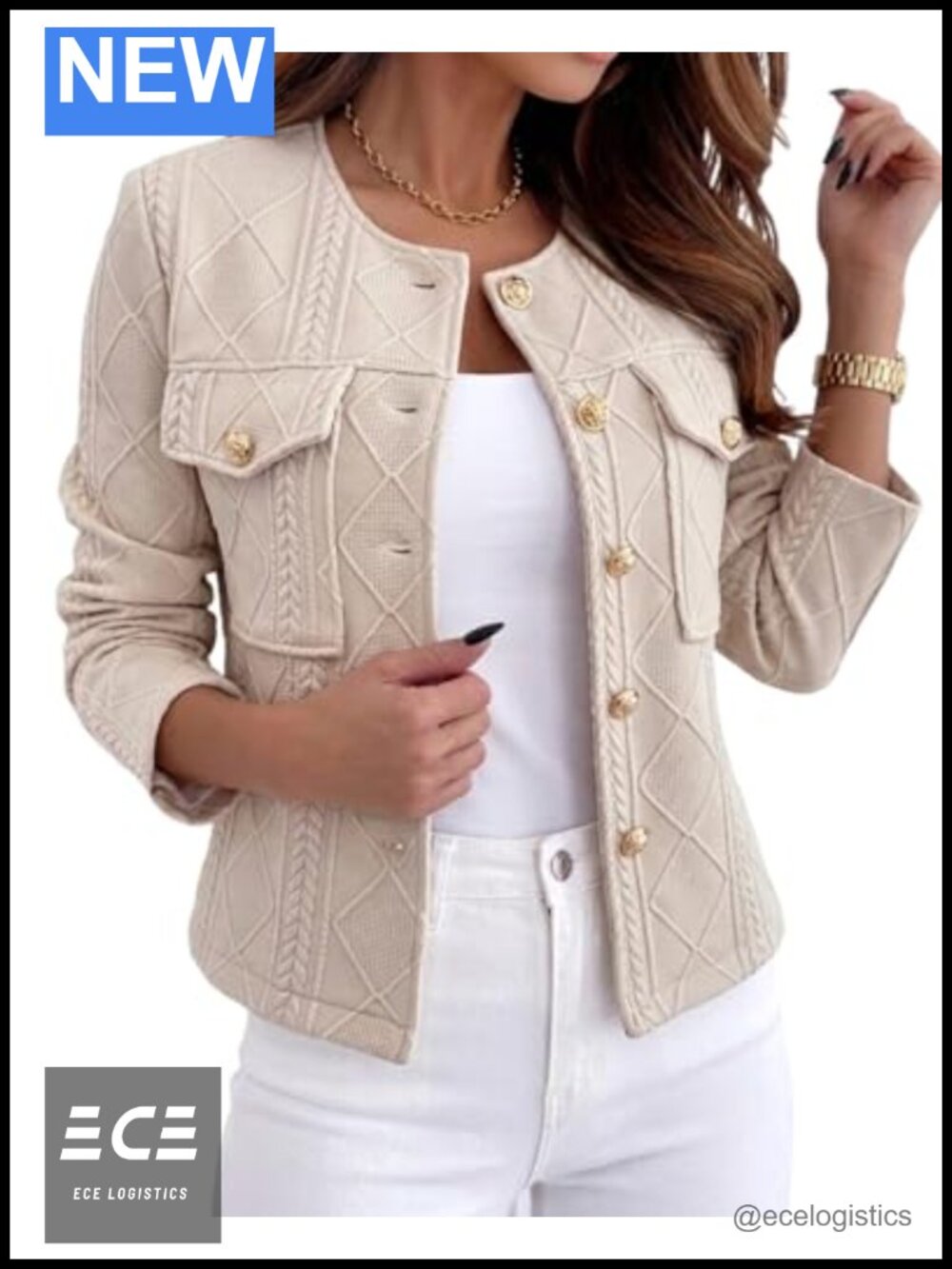 Cropped Argyle Cable Knit Jacket Lightweight Gold-Tone Button Casual